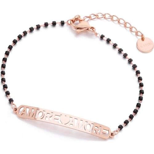 Unisex Beaded Stainless Steel Charm Bracelet Heart and Letter Label Couple Bracelets for Woman Lover Valentines Day Jewelry Gift