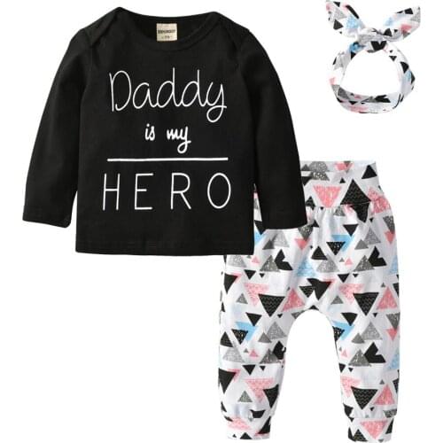 Newborn Baby Girls Clothes Infant Casual Letter Daddy is my Hero T-shirt+Pants+Headband Toddler Clothing 3pcs Sets