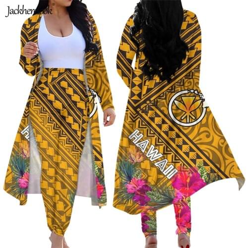 Jackherelook Hawaii Kanaka Maoli Hibiscus Polynesian Tribal Womens 2 Piece Outfits Set Open Front Cardigans Skinny Pants Suits