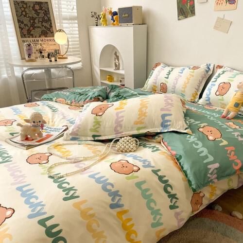 Lucky Bear Bedding Set Contains Flat Sheets Bed Linen Duvet Quilt Cover Pillowcase for Kids Girls Boys Queen Full Bed Set