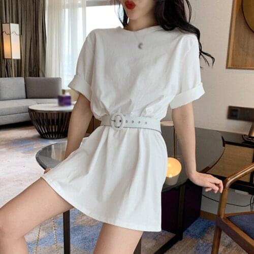Summer Short-Sleeved Chiffon Dress Women Korean Style Casual Round Collar Sweet Cute Slim Dress Solid Color