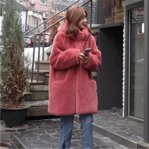 2021 New Warm Windproof Jacket Hoodie Outwear Fake Rabbit Fur Coat Retro Fur Windbreaker Hooded Faux Fur Length Coat