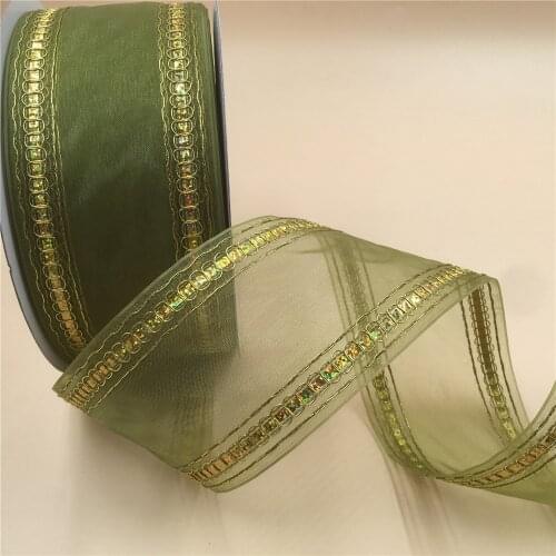 63MM X 25Yards Wired Glitter Edges Green Organza Ribbon for Gift Box Wrapping Festival Decoration2-1/2" N2260