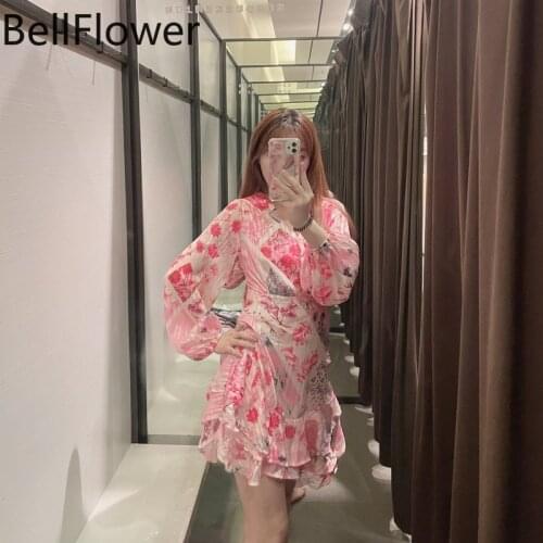 Off Shoulder Ruffle Dress Womens Pink Printing Chiffon Puff Sleeve Backless Sexy Summer Beach Holiday Long Sleeve Mini Dresses