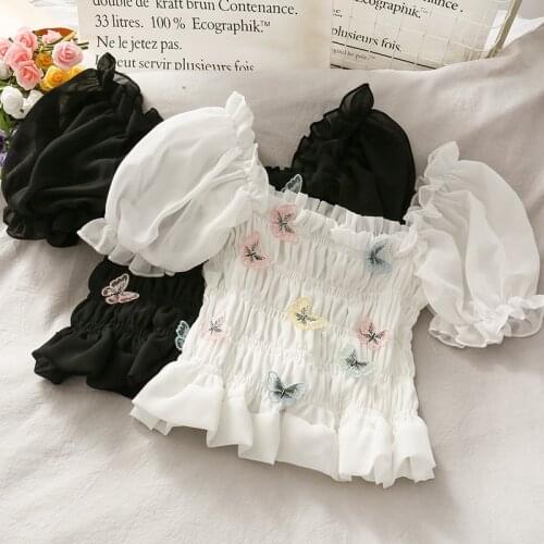 Butterfly Patch Chiffon Blouse Women Elegant Crop Top Shirt Short Puff Sleeve Cute Womens Blouses Pleated Blusas Mujer Shirts