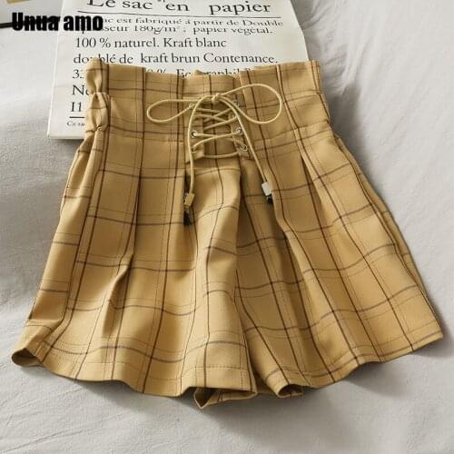 Unua amo 2021 Summer Plaid Shorts Women Loose Casual Wide Leg Short Pants Fashion Bandage High Waist Shorts Female