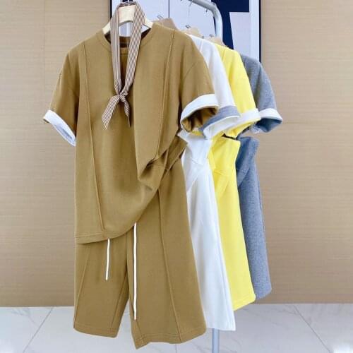 Sports Casual Cotton Tracksuit Women Loose Two Piece Set Loose Tshirt + Shorts Suit Fashion Knee-Length Shorts Sets