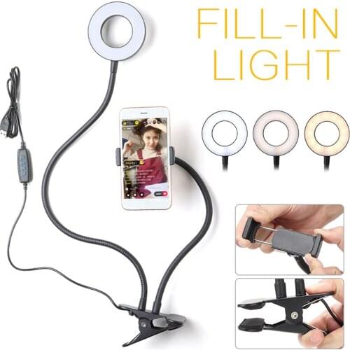 24 LED Ring Fill Light Long Arm Selfie Holder USB Clip Camera Phone Stand In Black Multifunction Desktop Selfie Light