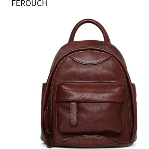 Trendy Large Capacity Cowhide Leisure Han Edition Student Package Retro Genuine Leather Women Bag Solid Color Backpack