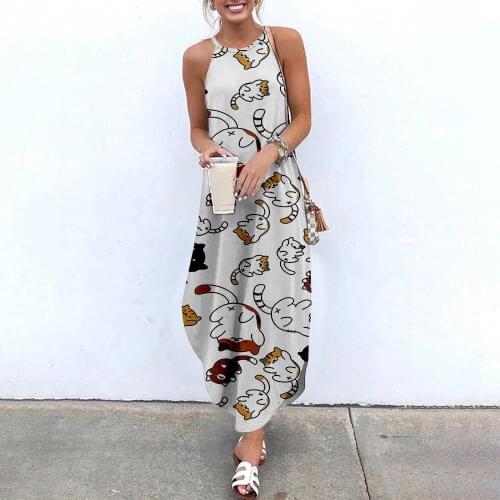 Creative Cat Print Summer Dresses Womens Vintage Loose Plus Size Irregular slit long Sling Dress Summer maxi dresses for women