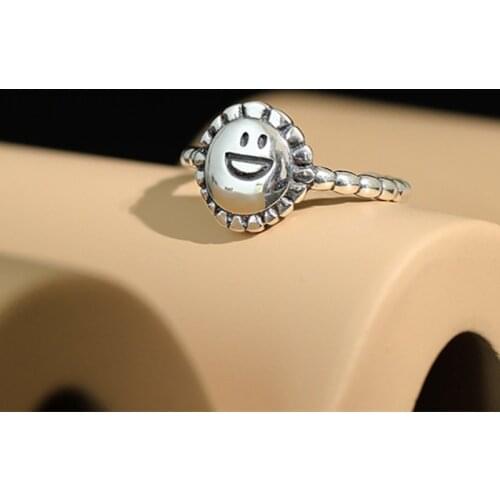 Vintage Round Sun Flower Smile Face Rings For Women Christmas Gifts Jewelry