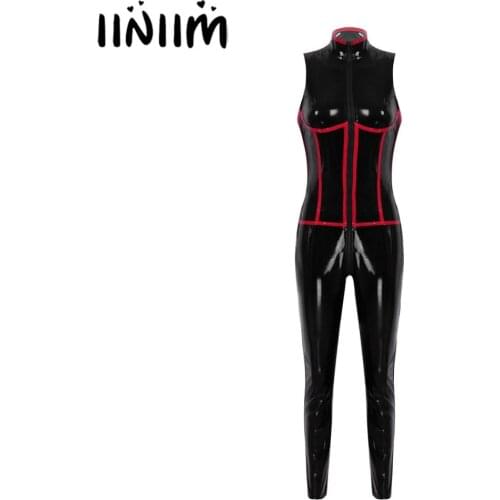 Womens Femme Glossy Wetlook Leather Pole Dancing Costumes Zippered Bust Crotch Leotard Bodysuit Catsuit Fashion Latex Clubwear