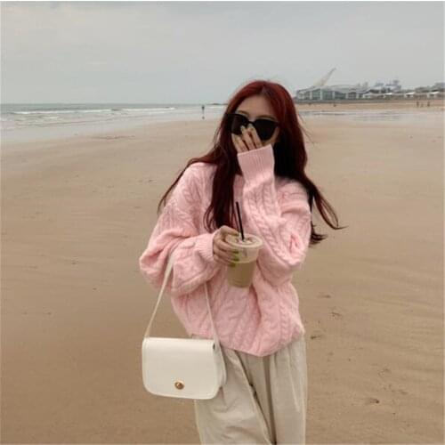 Women Jumper Sweater Vintage Knitted Pullover Kawaii Twist O Neck Solid Blouse Girls Korean Style Loose Full Sleeve Warm Tops