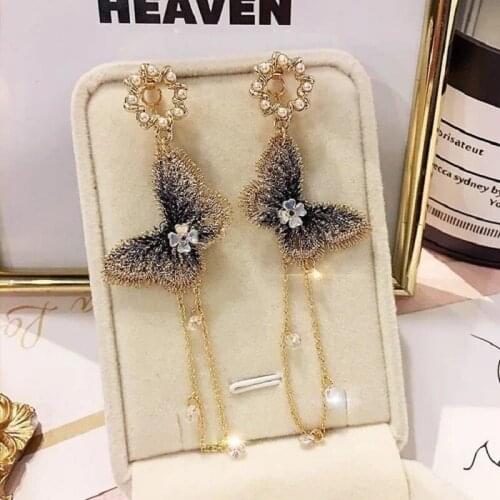 2020 New Womens Fashion Pearl Earrings Embroidery Butterfly Crystal Long Tassel Drop Dangle Earrings Jewelry For Girls Gifts