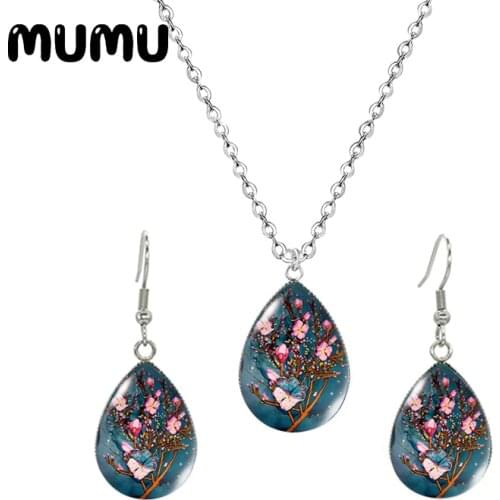 2020 New Pink Peach Blossom Painting Tear Drop Earring Necklace Set Glass Cabochon Jewelry Sets Handmade Items Gifts