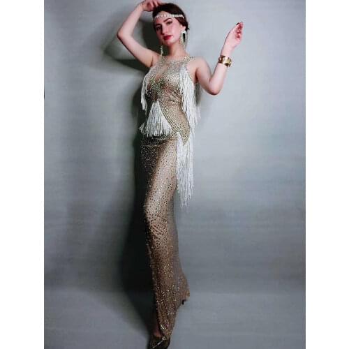 Sleeveless Shining Diamonds White Tassel Long Dresses Tight Stretch High Split Women Dresses Nightclub Stage Wear