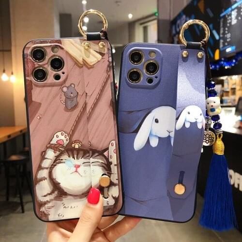 Sumkeymi Wrist Strap Cute TPU Cover Phone Holder Case For iphone 11 12 7 8 Plus mini Pro Max X XS XR Hand Band Case