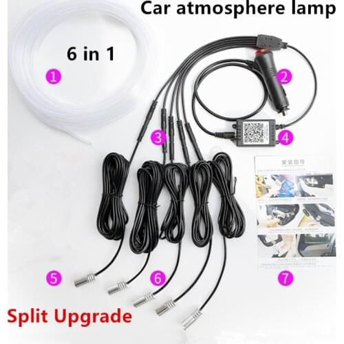 New 6 in 1 8M RGB Fiber Optic Atmosphere Lamp Car Interior Ambient Light Decorative Dashboard Door Remote Control or App Control