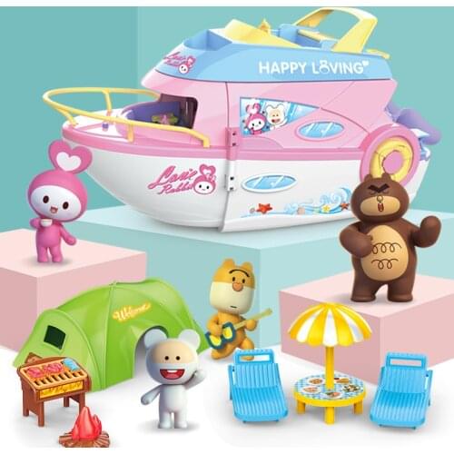 Kids Cute Mini Camper Car Simulation Plastic Pink Motorhome Boat Vehicle Dollhouse Furniture for Girls Pretend Play