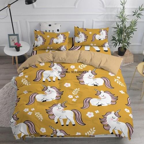 Children Cute Unicorn Cartoon Yellow Bedding Set Twin Single Size 2/3 Pcs Bed Cover with Pillowcase Home Duvet Cover Set