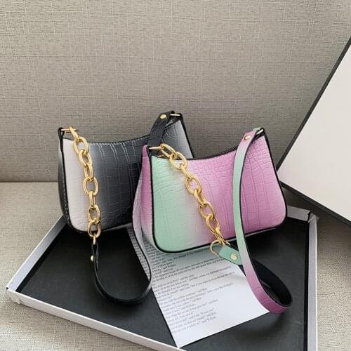 Fashion Women PU Leather Gradient Color Alligator Pattern Shoulder Underarm Hobos Bag Casual Ladies Thick Chain Small Handbags