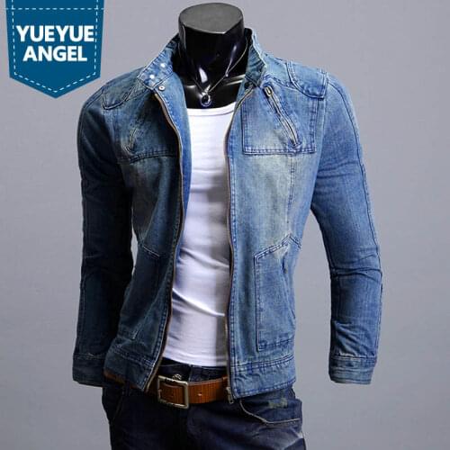 Fashion Mens Denim Jackets Autumn Slim Fit Harajuku Hoodie Biker Jean Coat Cowboy Stand Collar Casual Streetwear Washed Jacket