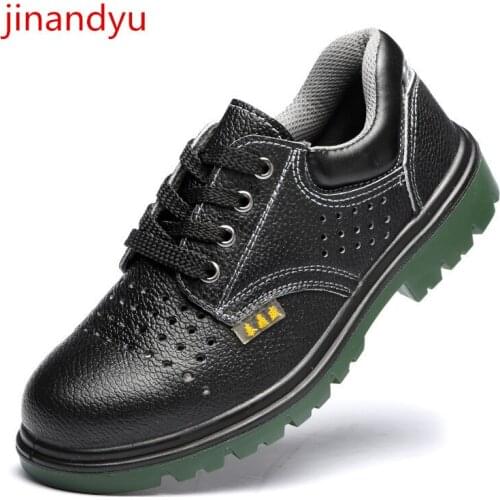 Mens Steel Toe Safety Shoes Real Leather Material Upper and Puncture-proof Soles Hollow Out Work Boots Indestructible Footwear