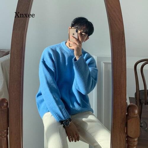 2021 Fall/winter Mens Round Neck Sweater Fashion Pure Color Korean Large Size Loose Knit Long Sleeve Top
