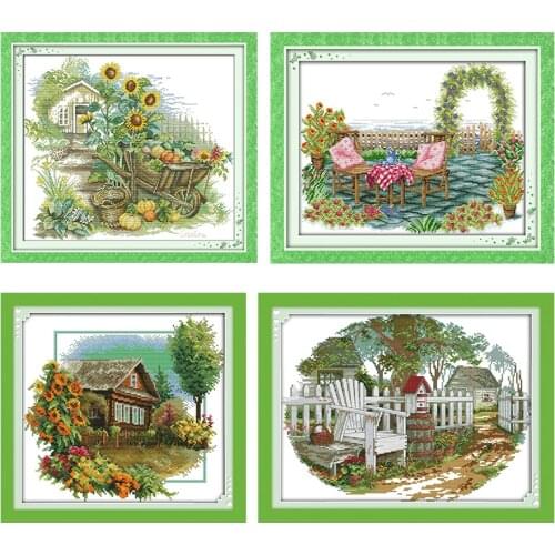 Cross Stitch Kit House with Flowers Embroidery Needlework Counted Fabric Thread Stamped 11CT 14CT Print Handmade Art Sewing Gift