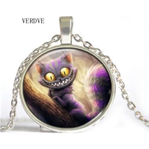 Cheap wholesale jewelry Alice in Wonderland cats retro crystal glass pendant necklace