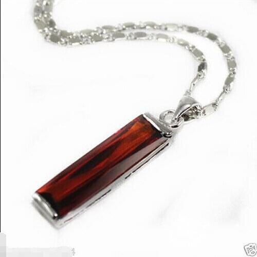 New jade Cylindrical Inlay red Crystal Pendant Necklace +chain