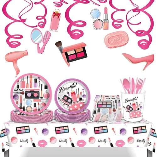 Spa Make Up Birthday Party Supplies Makeup Disposable Tableware with Plates Cup Napkins Balloons More for Girls Party Decoration