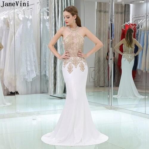 JaneVini Sexy White Arabic Long Bridesmaid Dresses Halter Gold Lace Appliques Beaded Sheer Back Mermaid Satin Formal Party Wear