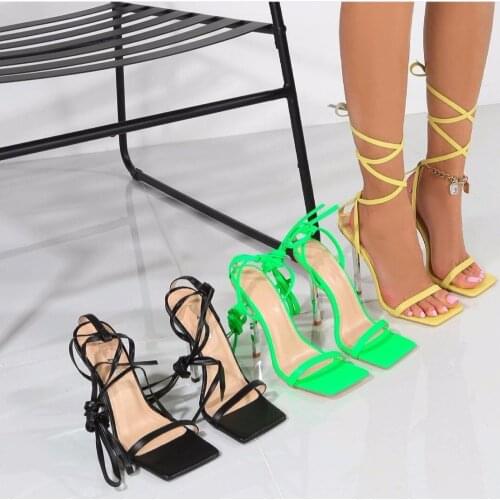 Gladiator Sandals Summer Women High Heels Sandals Cross-Tied Crystal Heels Sexy Ankle Lace Up Lady Stiletto Shoes Size 42