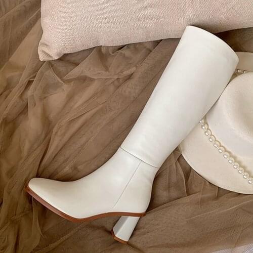 Hot Genuine Leather Knee-High Boots Winter Fashion Slip-On Womens Boots Square Toe Thick Heel Western Boots ZIP Womens Shoes