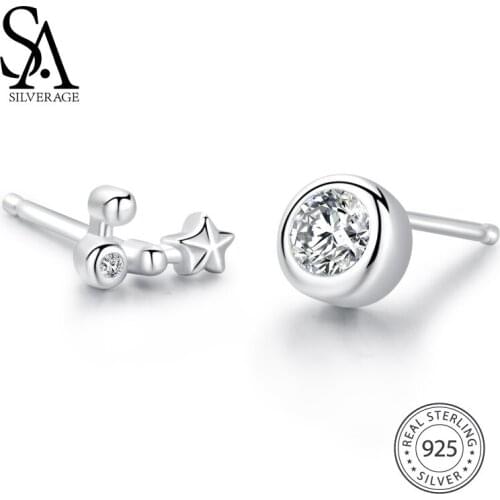 SA SILVERAGE 925 Sterling Silver Twelve Constellations Stud Earrings Fine Jewelry for Women Asymmetry Earrings 2018 New Arrival