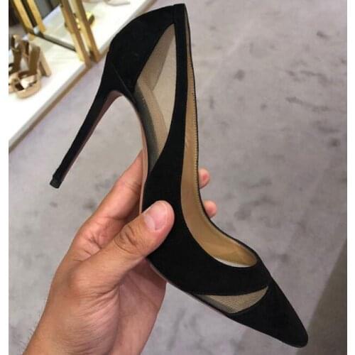 Moraima Snc Sexy Pointed Toe Office Lady High Heel Shoes Mesh Grid Patchwork Thin Heels pumps Shallow mouth Woman Dress Shoes