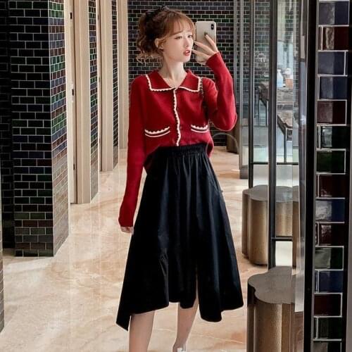 Women 2021 New Autumn Suits Female Solid Color Sweater Tops + High Waist Loose A-line Skirts Ladies Fashion Two-piece Sets Y528