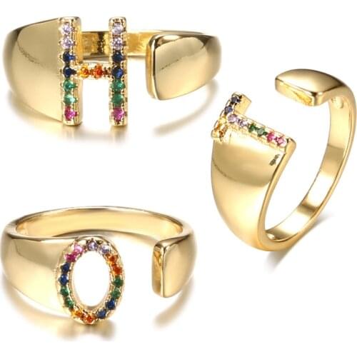 Creative Gold Color Metal 26 Letter Rings 2021 Personality Luxury Cubic Zirconia Open Rings for Women Fashion Jewelry Gift