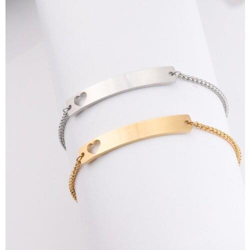 100% Stainless Steel Blank Bar Bracelet For Engrave Hollow Hheart Metal Plate Adjustable Chain Mirror Polished 10pcs