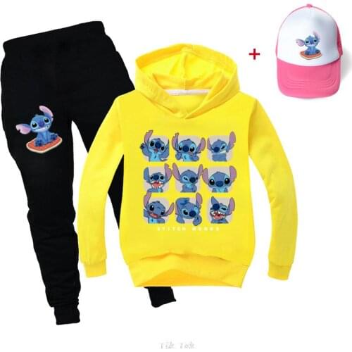 2021 Spring Stitch Kids Clothes Girls Children Cartoon Hoodie + Pants 2PCS Sets Pink Sweet Teen Girls Clothing outfit