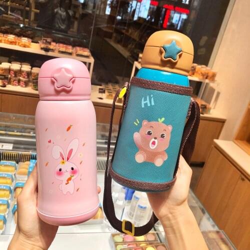 500ML Cartoon Animal Stainless Steel Vacuum Flask Thermos Cup Mug for Kids Childen Portable Cute Straw Water Bottle with Bag