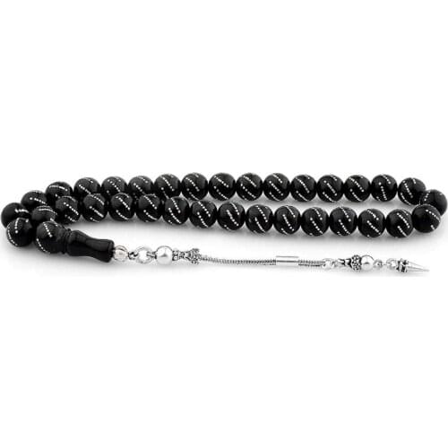 Black Raw Jet Stone Prayer Bead With Silver Inlay Men Rosary With Silver Tassel Islamic Tasbih With Spear Tassel 925k Silver
