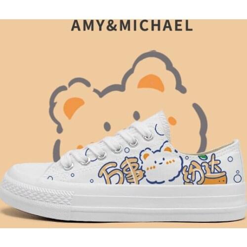 Amy and Michael Summer Cute Girls Students Low Top Flat Plimsolls Kawaii Anime Hand Painted Canvas Shoes Woman Vulcanize Shoes