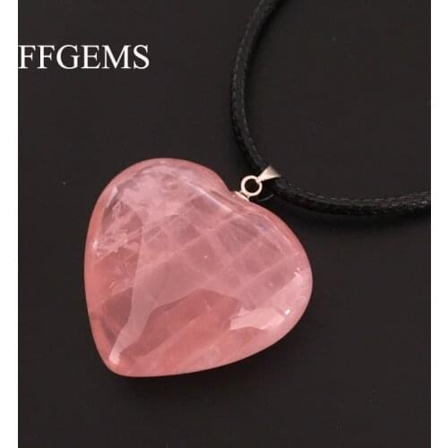 FFGems 100% Natural Pink Quartz Heart Big Pendant Necklace Silver Color Fine Jewelry For Women Wedding Party Gift Wholesale Box