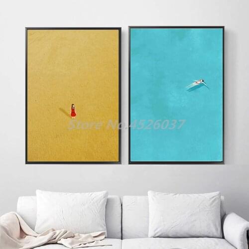 Cartoon Girl Swim Blue Nordic Posters And Canvas Painting Oil Kids Girls Wall Art Picture For Living Room Home Decor