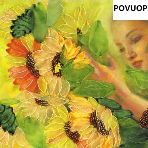 POVUOP New arrival ribbon embroidery 45X40CM 3d print cross stitch beauty bouquet paintings three-dimensional embroidery