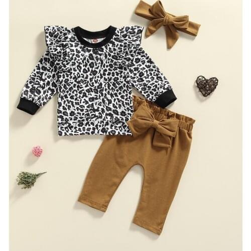 3pcs Newborn Baby Girl Clothes Set Leopard Ruffle Long Sleeve T-shirt+Casual Pants+Headband Infant Clothing Outfits 0-24M
