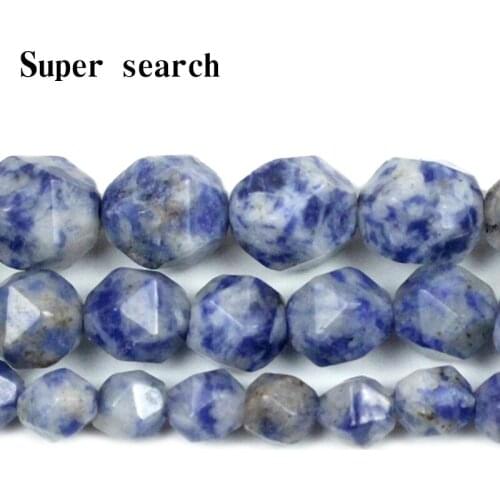 15" Natural Stone Big Cuts Faceted Blue White Blue Dot Round Loose Beads 6 8 10 MM Making Bracelet Necklace Earring