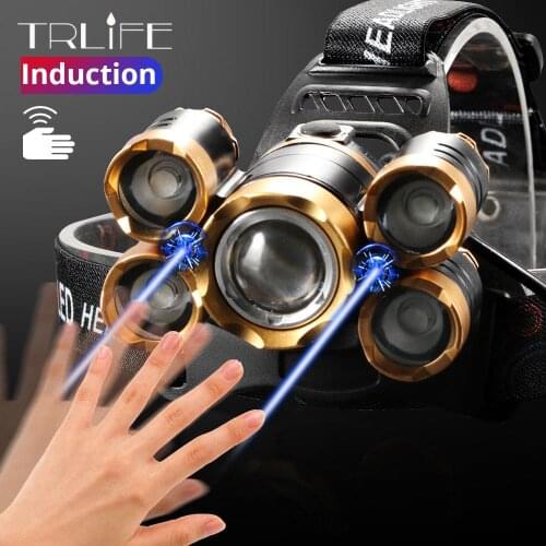 Powerful LED Headlight Headlamp 5LED T6 Head Lamp Sensor Flashlight Torch Head Light 18650 Battery Best for Camping Fishing